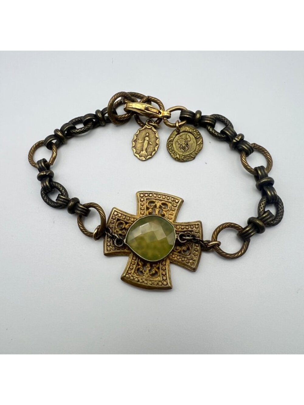 PST 925 Gold Tone Cross Bracelet Green Stone Religious Marian Charms Artisan